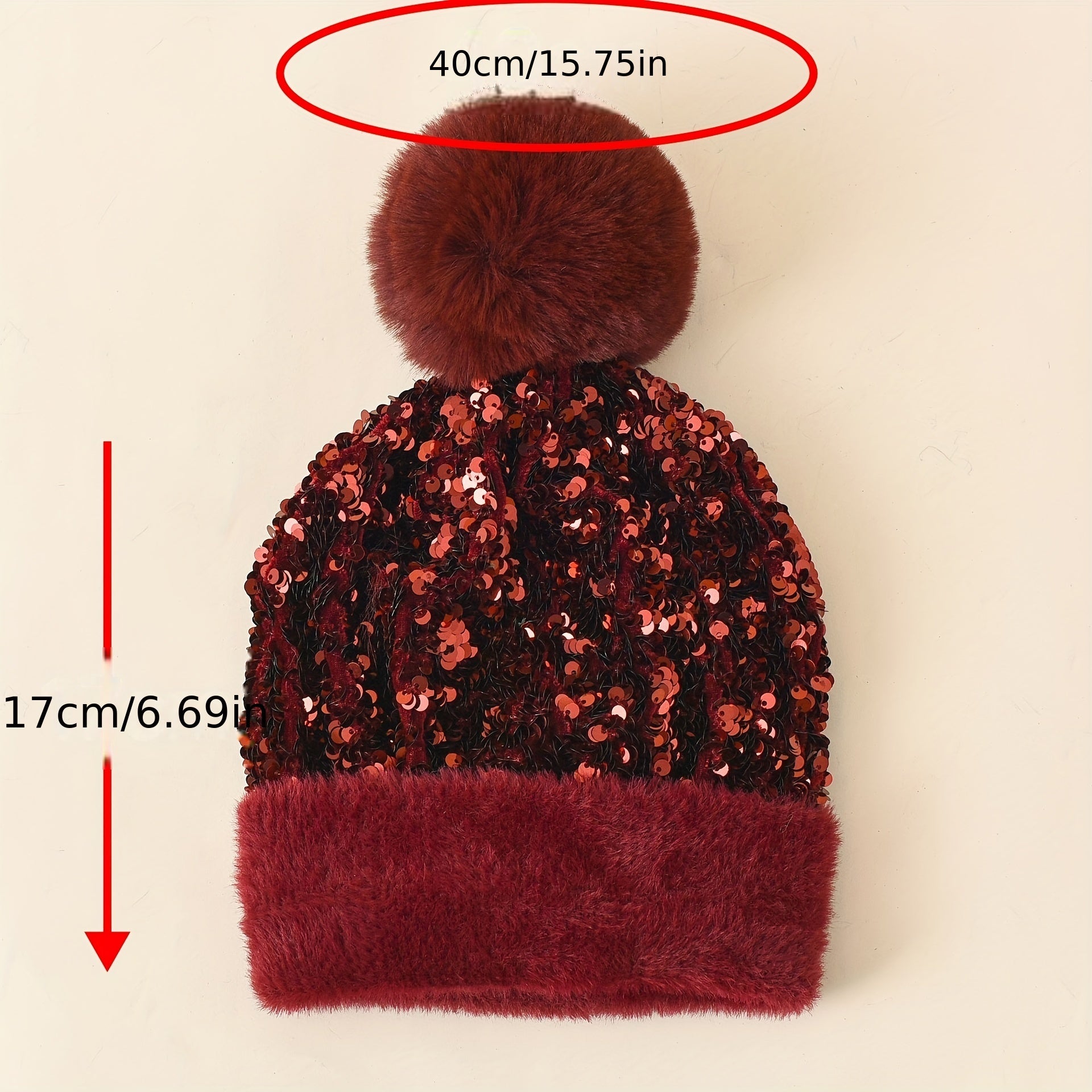 Sequins Pompom Decor Beanie Thick Warm Knit Hat Plush Coldproof Knit Beanie
