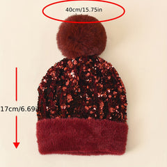 Sequins Pompom Decor Beanie Thick Warm Knit Hat Plush Coldproof Knit Beanie