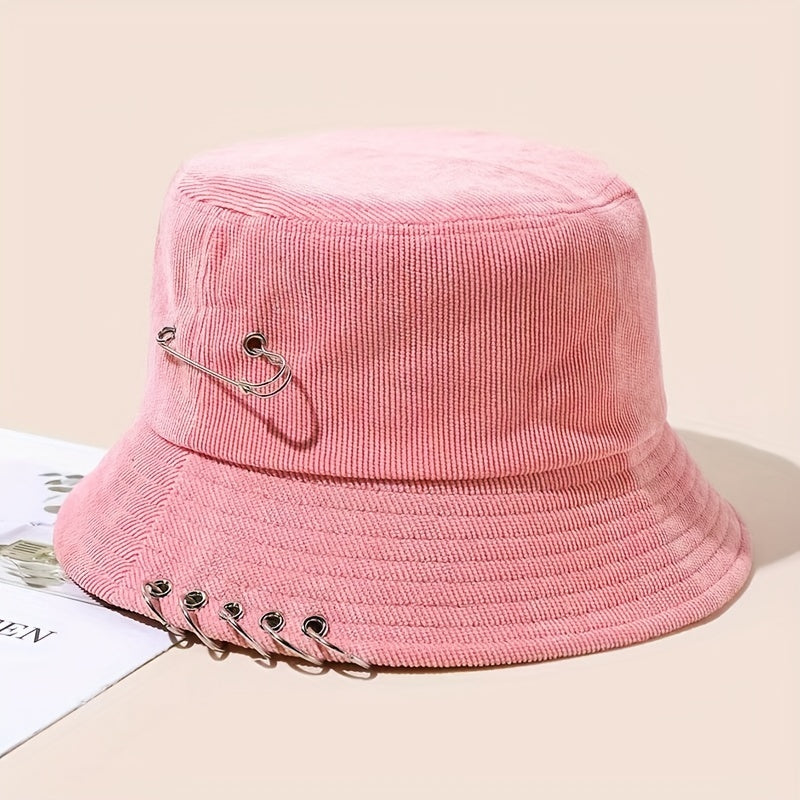 Unisex Hip Hop Bucket Hat Pin Brooch Decor Solid Cotton Basin Hat