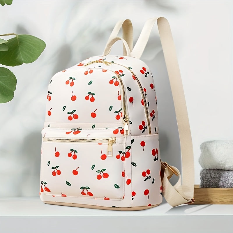 Cherry Printed Large Capacity Preppy Backpack Nylon Durable Lightweight