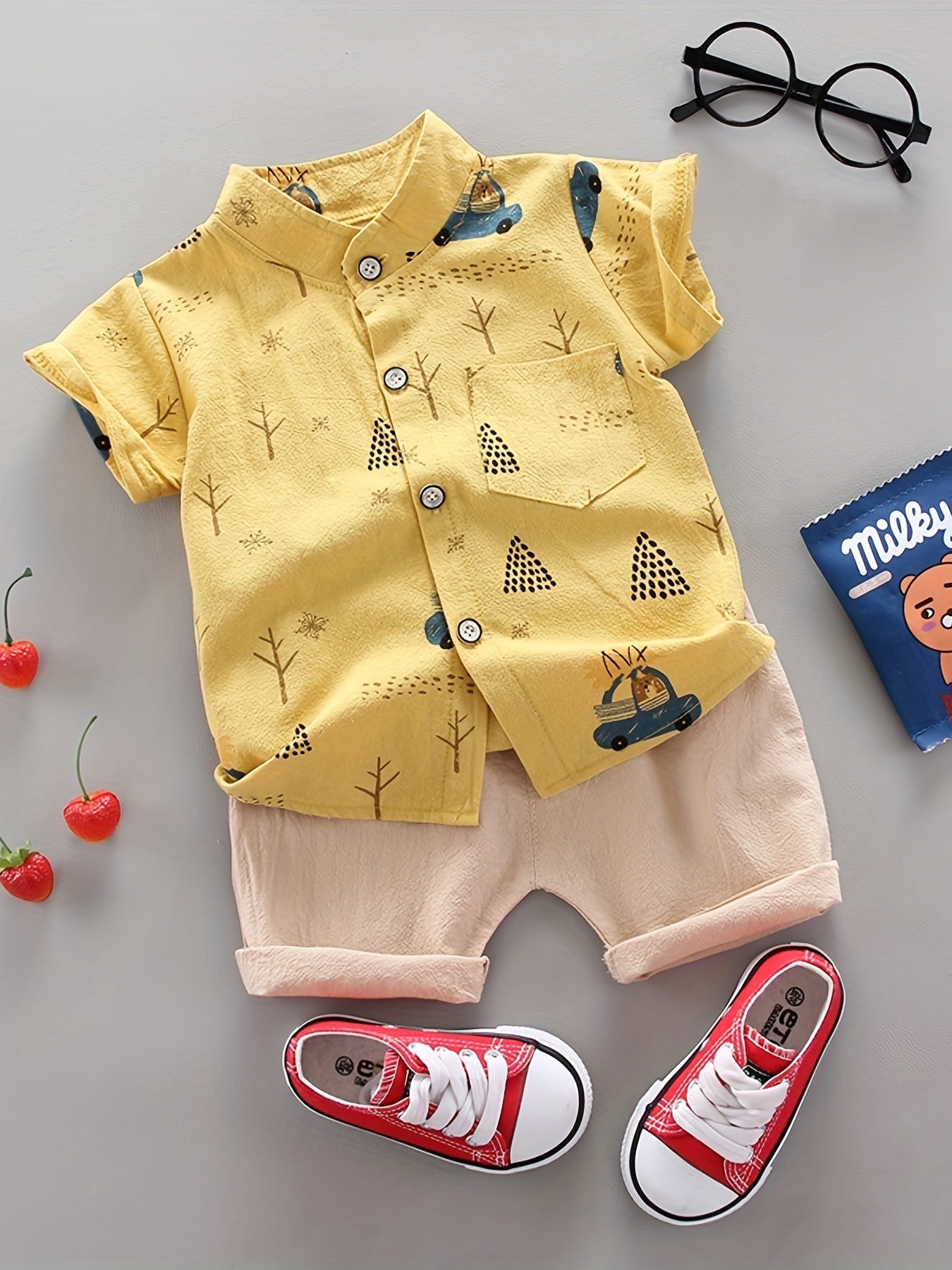 Boys 2pcs Cartoon Print Shirt & Shorts Set