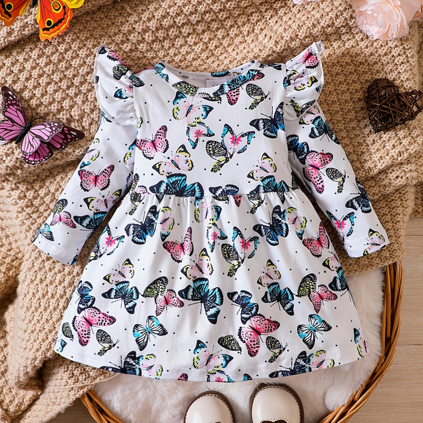 Colorful Butterfly Printed Long Sleeve Flying Sleeve Dress for Baby Girls
