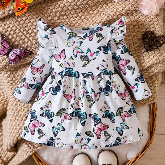 Colorful Butterfly Printed Long Sleeve Flying Sleeve Dress for Baby Girls