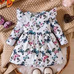 Colorful Butterfly Printed Long Sleeve Flying Sleeve Dress for Baby Girls