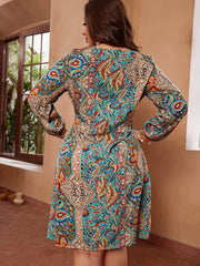  Paisley Print Long Sleeve Midi Dress