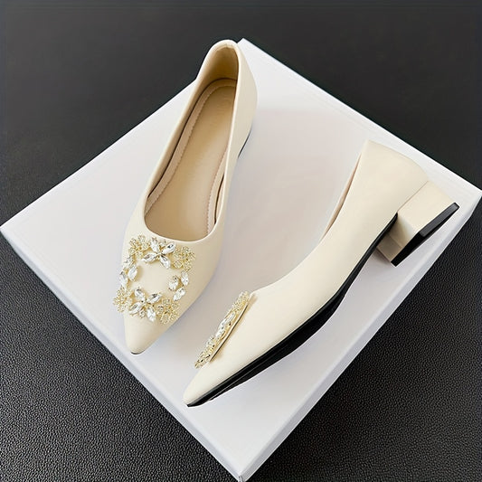 Rhinestone Decor Point Toe Slip On Low Heel Shoes