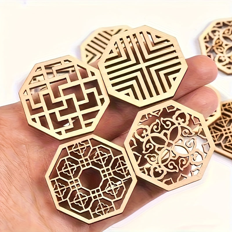 25pcs Mixed Hollow Wooden Cutouts DIY Craft Octagonal & Hexagonal Shapes