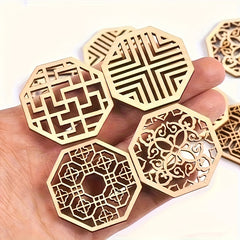 25pcs Mixed Hollow Wooden Cutouts DIY Craft Octagonal & Hexagonal Shapes