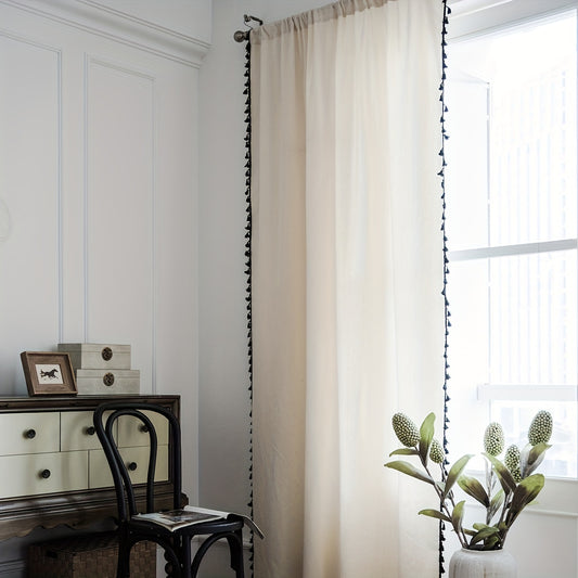 Plain Burlap Tassel Curtains Semi Blackout Kitchen Curtains