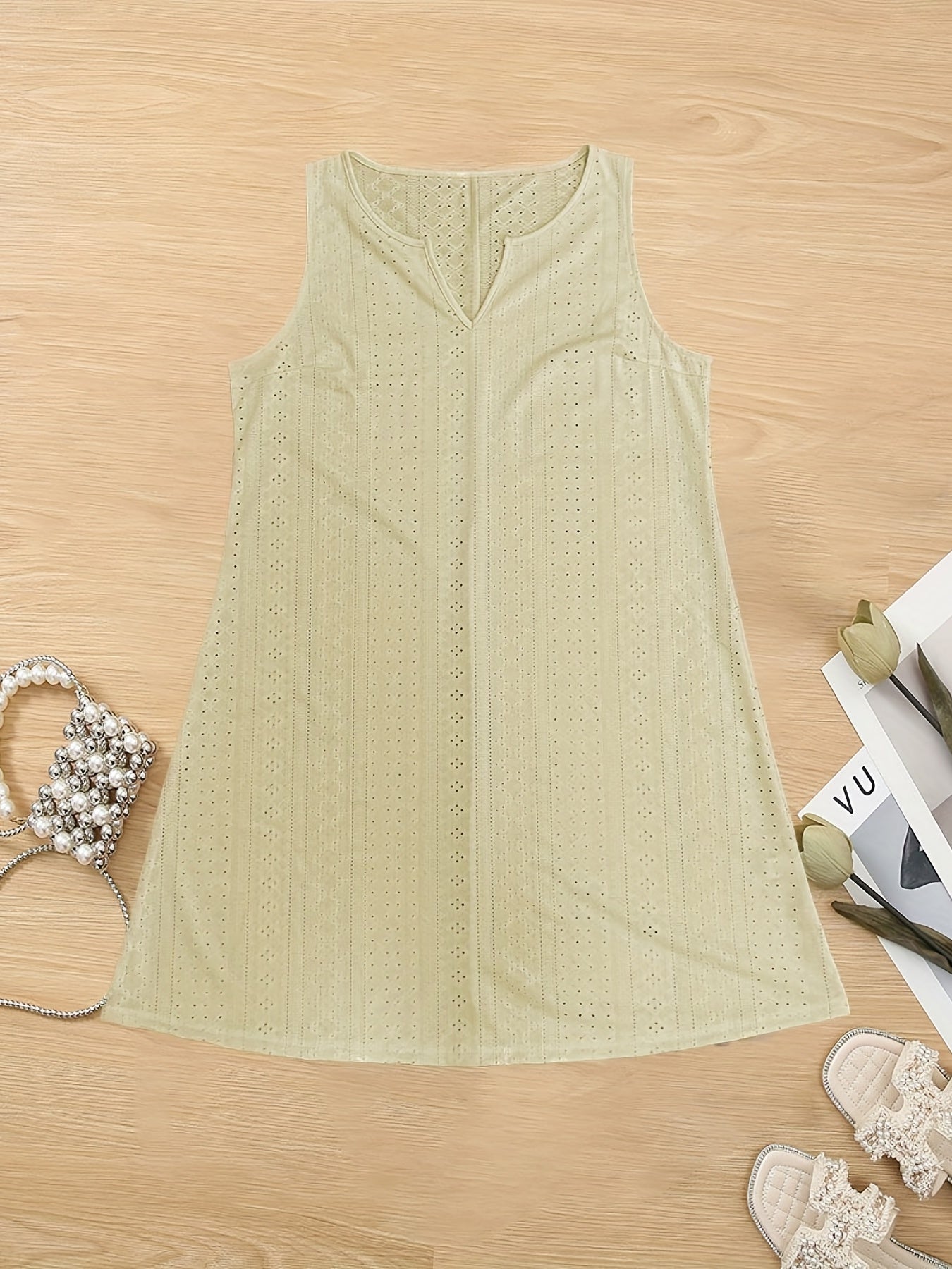  Solid Eyelet Embroidered Notched Neck Tank Dress