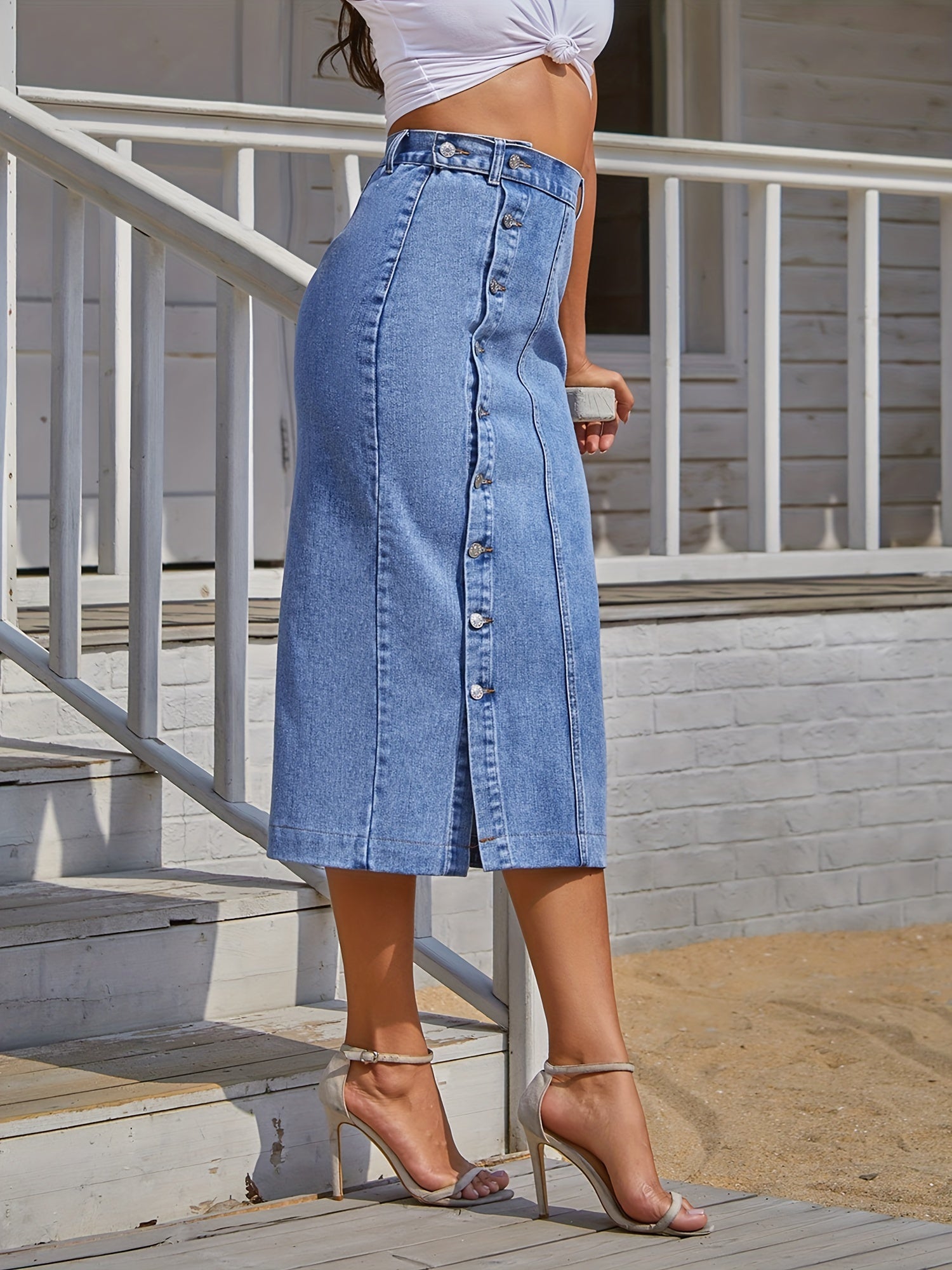 Button Denim Midi Skirt High Waist Split
