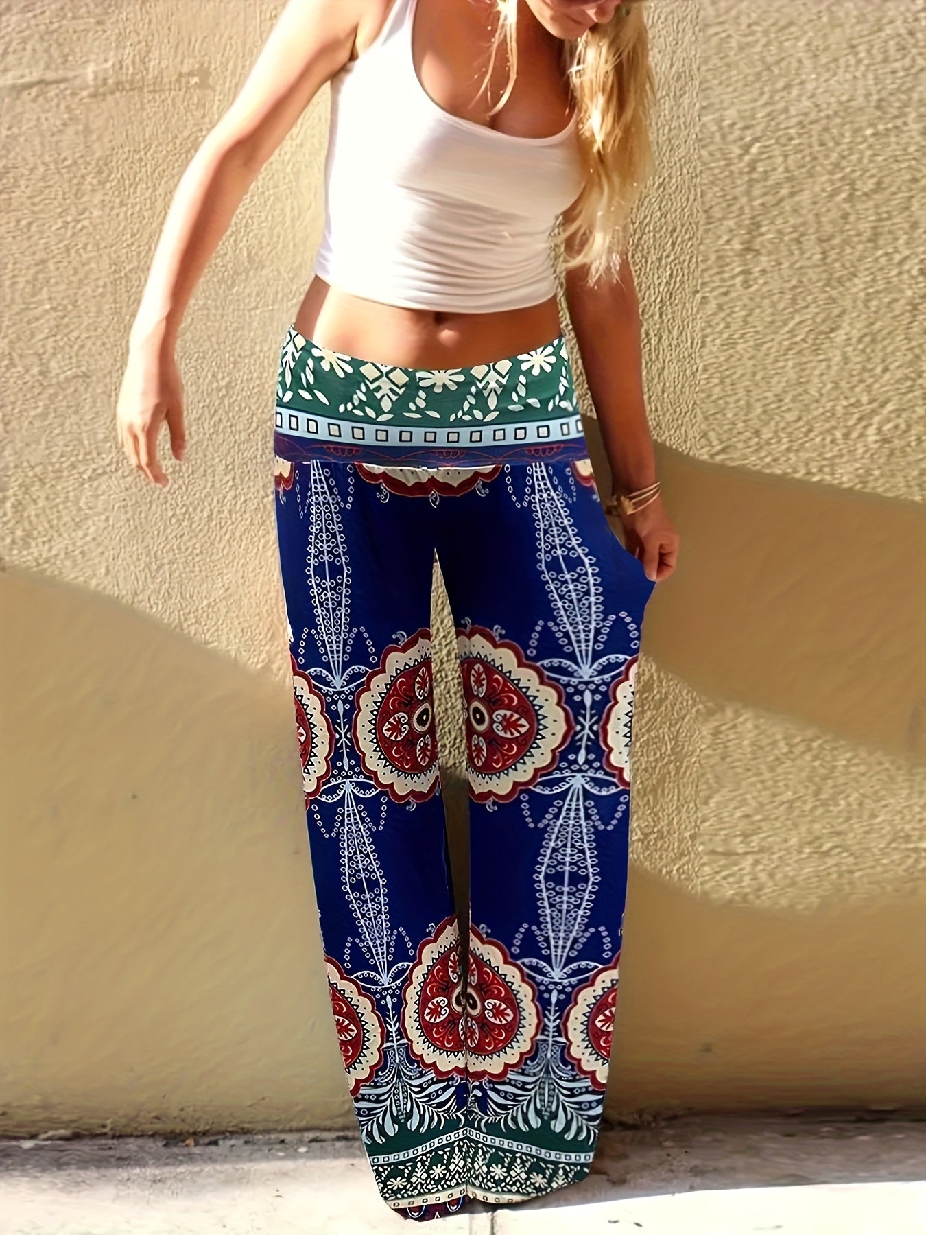  Boho Pants Women's Plus Floral & Geo Print Slight Stretch