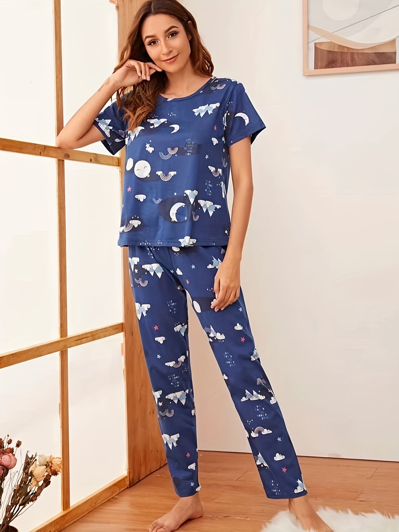 Starry Print PJ Set Short Sleeve Top & Pants Women's Sleepwear