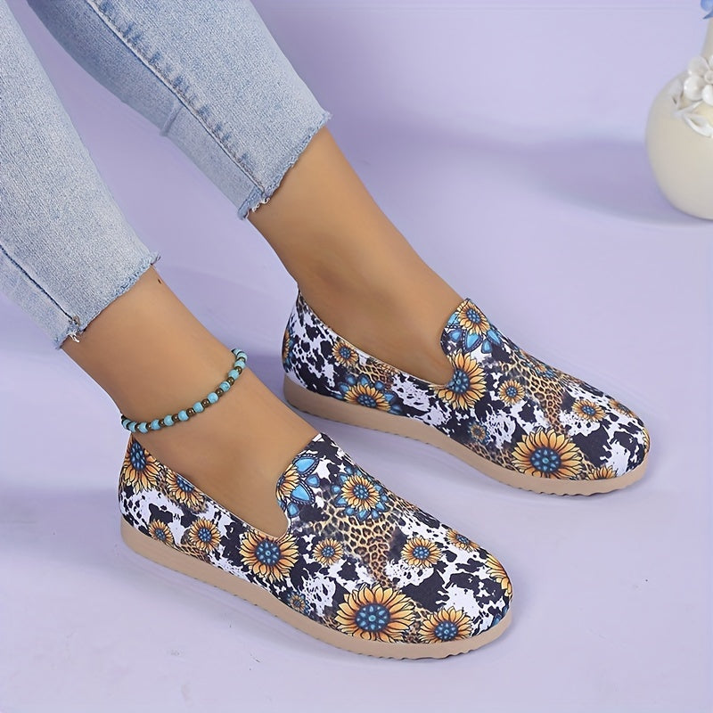 Women's Sunflower Print Flat Shoes Round Toe Slip On Shoes