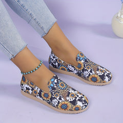 Women's Sunflower Print Flat Shoes Round Toe Slip On Shoes