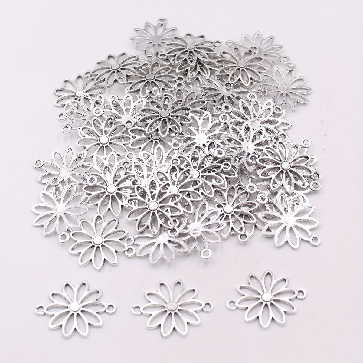 50pcs DIY Alloy Hollow Flower Pendants Retro Accessories Double Hanging