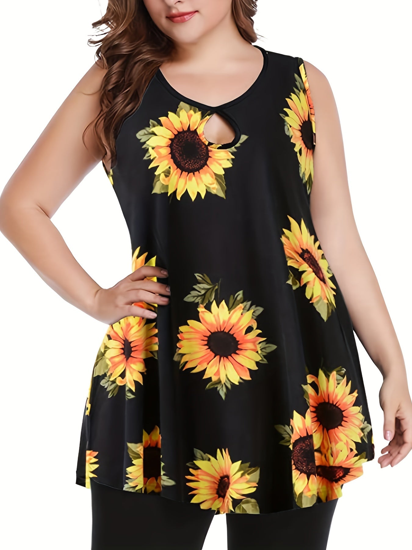  Sunflower Print Cut Out Round Neck Tank Top