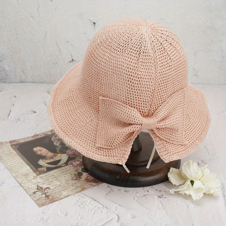 Girls Bow Decor Straw Hat Sun Protection for Beach Party