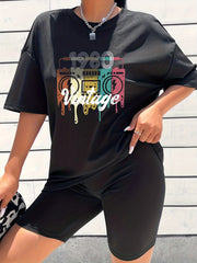 Vintage Letter Graphic T-shirt & Solid Shorts Set Women's Active