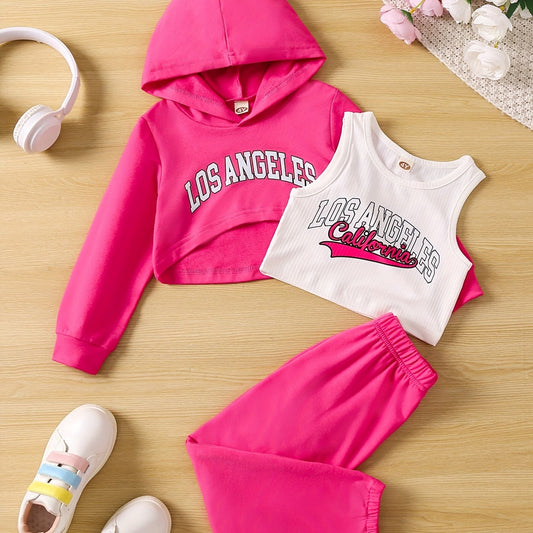 Girl's LA Print 2pcs Tank Top & Crop Hoodie & Sweatpants Set