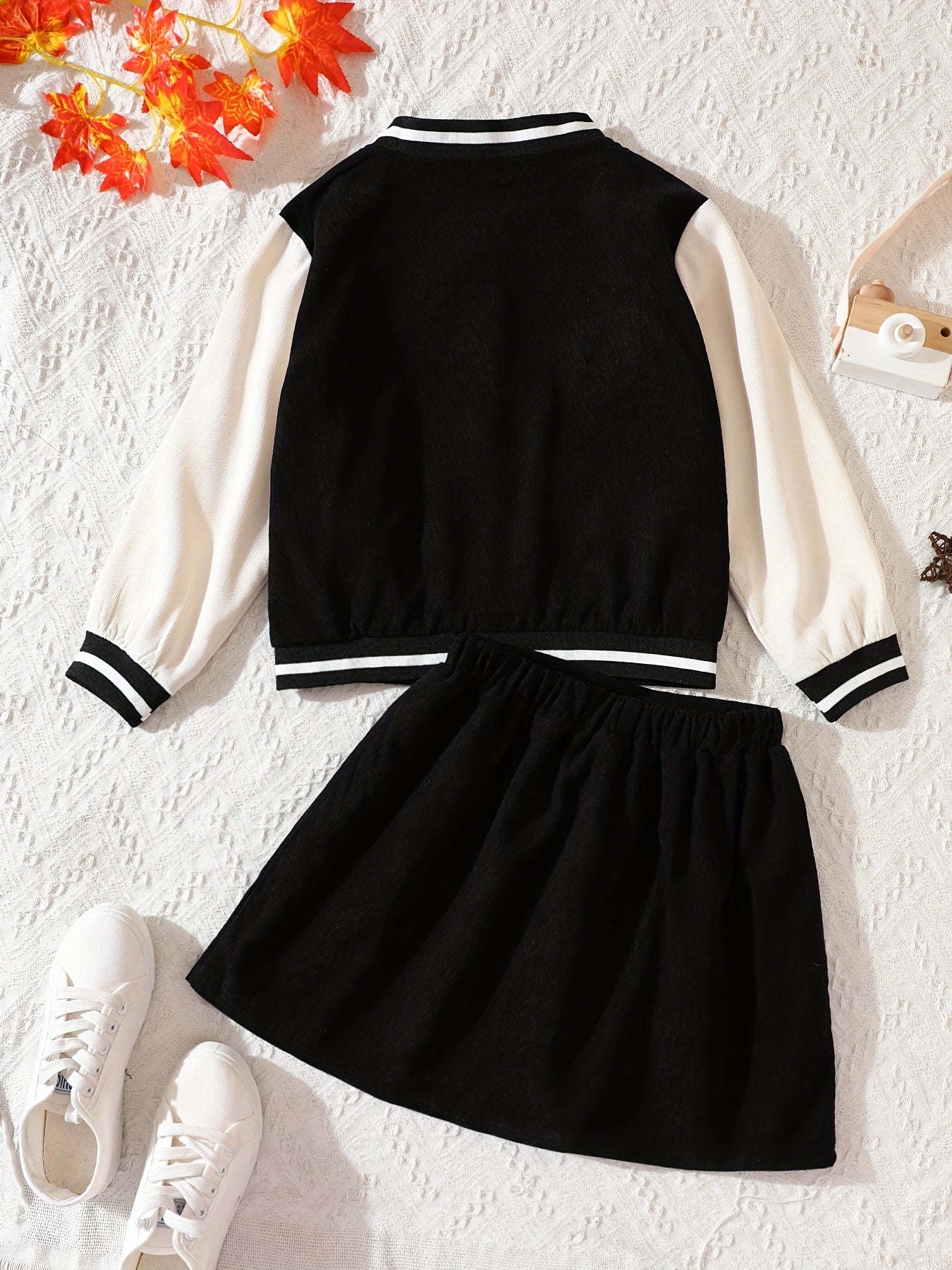 Girls Baseball Jacket & Pleated Skirt Set Letter B Print Corduroy Kid