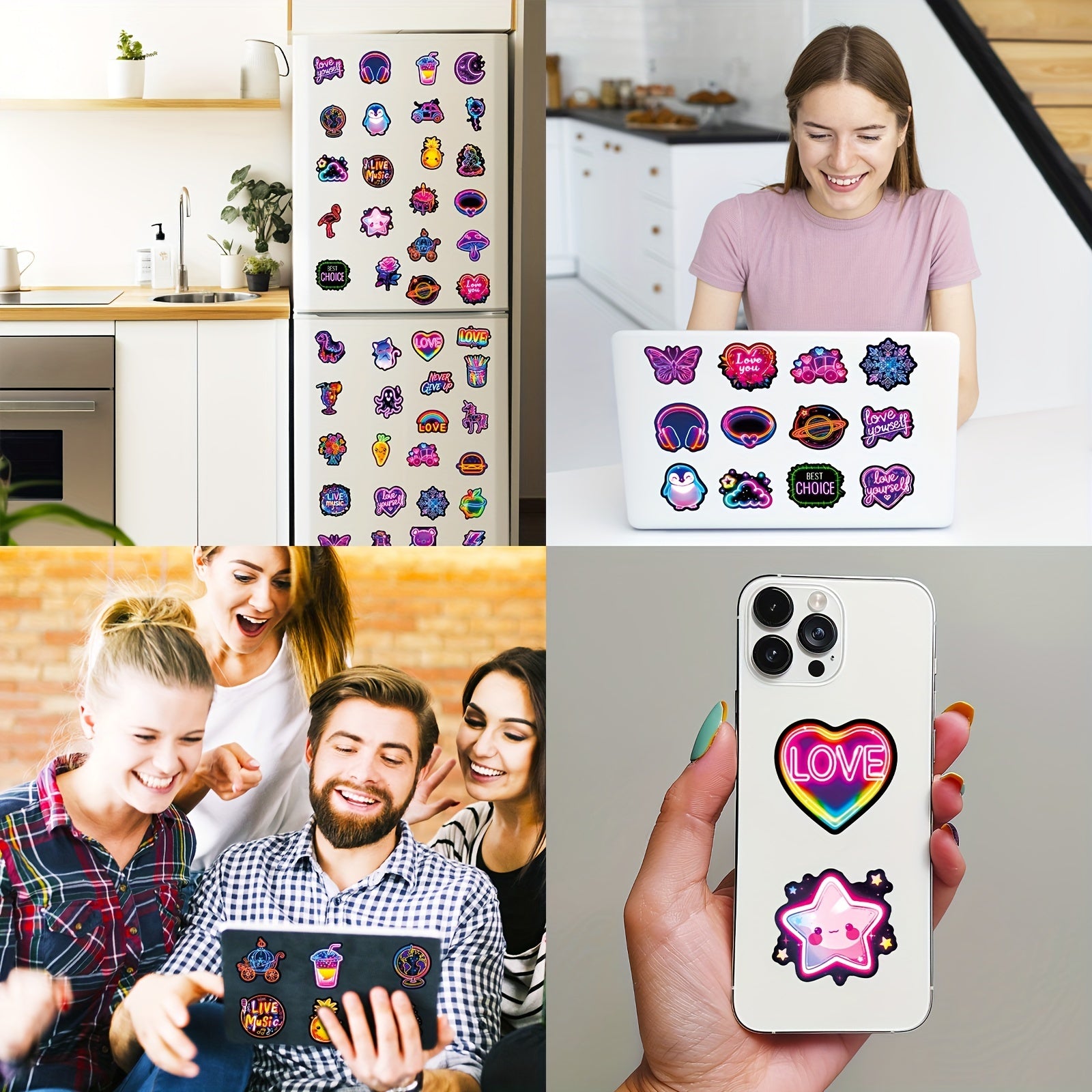 Neon Cartoon Stickers Pack of 50 Reusable Decals for Plastic Surfaces