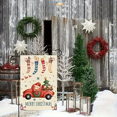 Christmas Burlap Yard Flag Xmas Stocking Candy Canes Red Truck Tree
