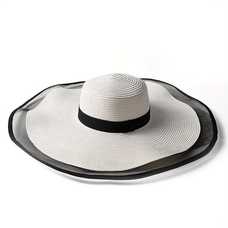 Oversized Mesh Brim Sun Hat Solid Vintage Straw Floppy Summer Travel