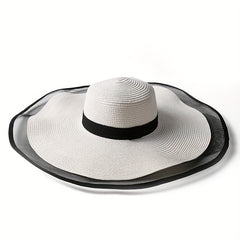 Oversized Mesh Brim Sun Hat Solid Vintage Straw Floppy Summer Travel