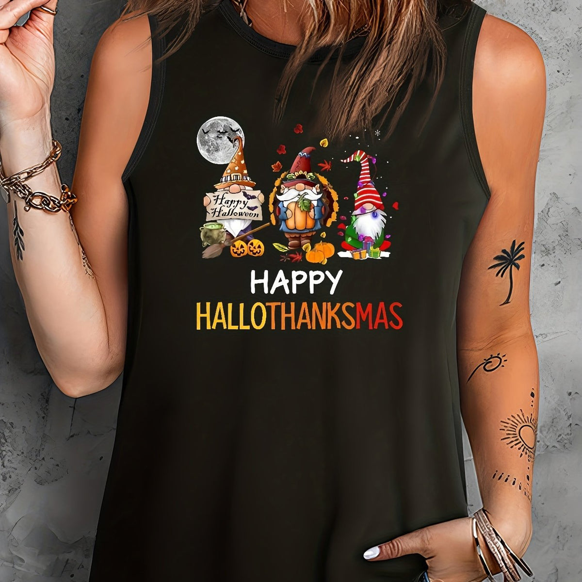  Gnomes & Bat Print Round Neck Tank Top