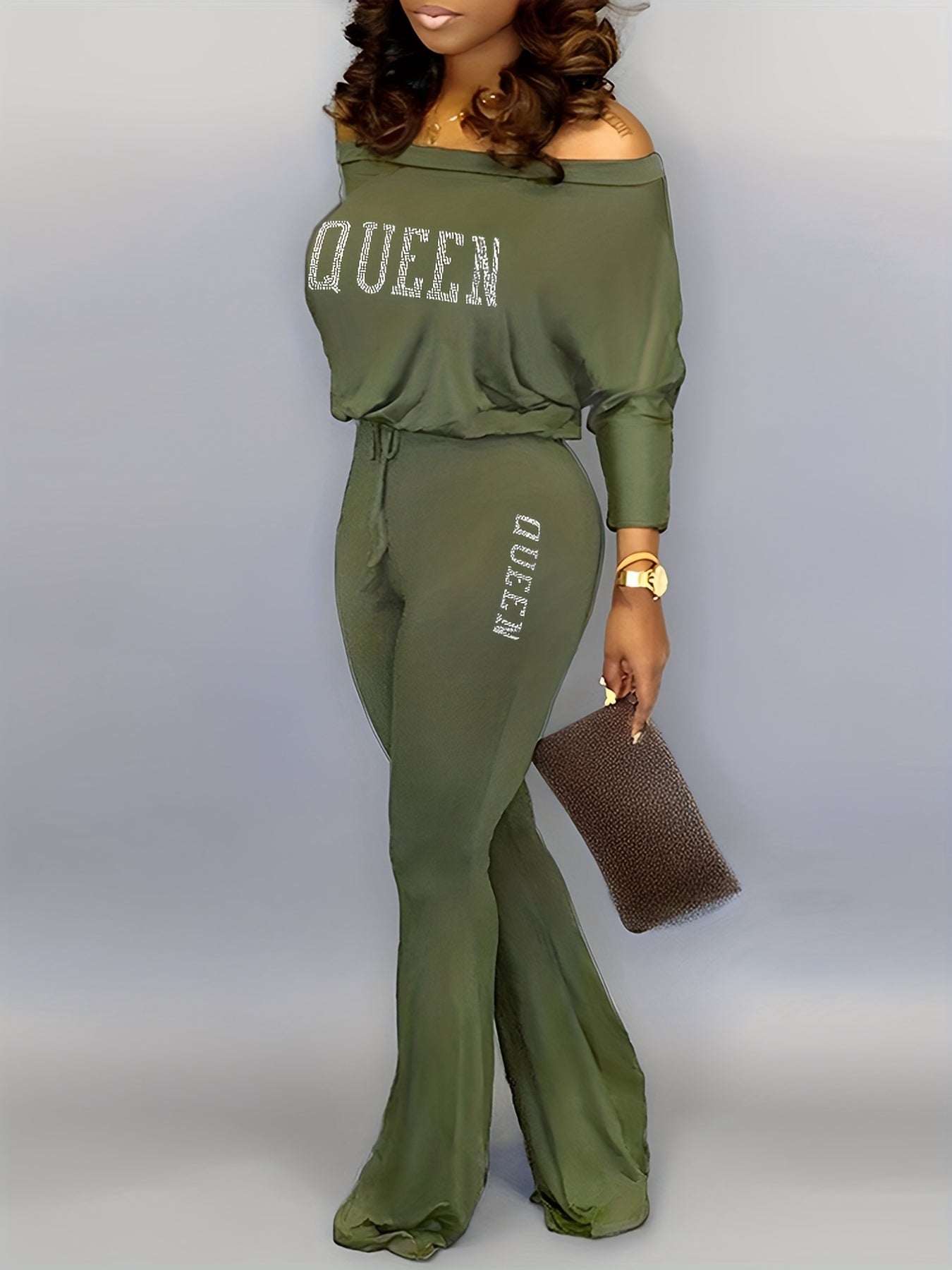 Solid Queen Print Off Shoulder Jumpsuit Casual Batwing Long Sleeve Jumpsuit