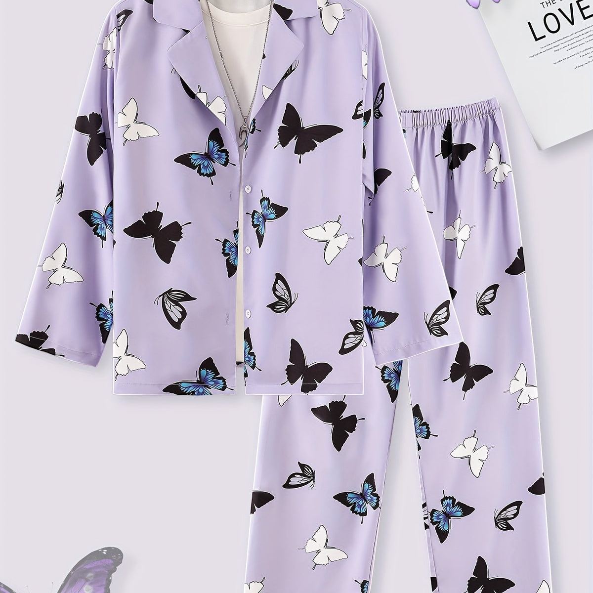 Butterfly Print Lounge Set Long Sleeve Top & Pants