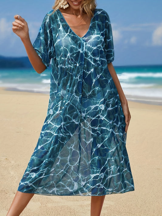 Ripple Print Cover Up Dress V Neck Short Sleeves Loose Fit Semi Sheer Beach Kaft