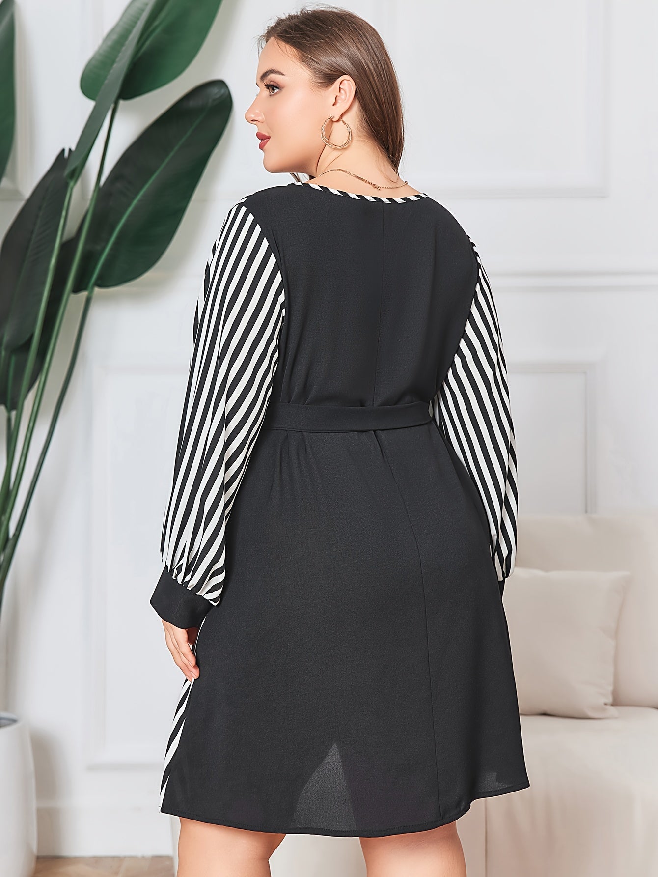  Colorblock Stripe Print Long Sleeve Dress With Belt