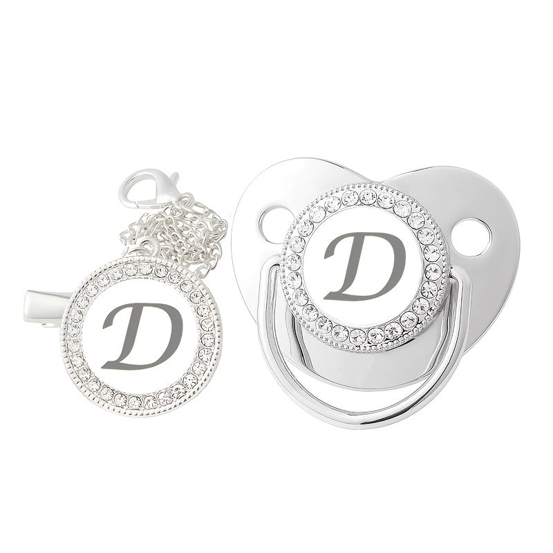Silver Rhinestone Baby Letter Pacifier Nursing Mouth with Chain Clip