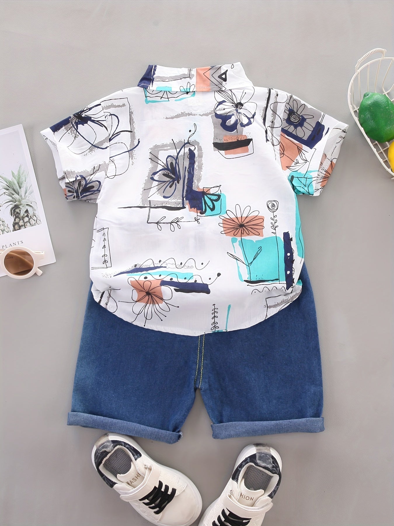 Boys Geo Pattern Lapel Shirt & Denim Shorts Set