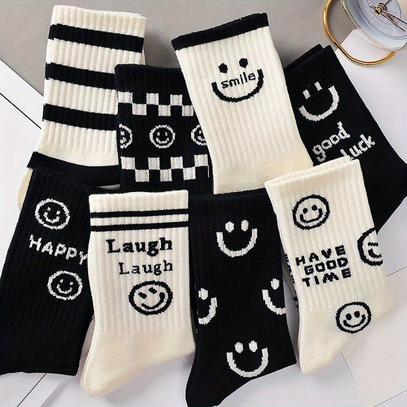 8 Pairs Smiling Face Print Socks Women's Mid Tube Stockings