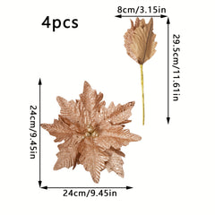 4pcs Golden Brown Red Silvery Poinsettia Flower Artificial Christmas Ornament