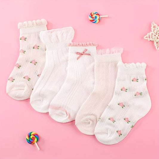 5 Pairs Girls Thin Floral Socks Spring Summer Accessories