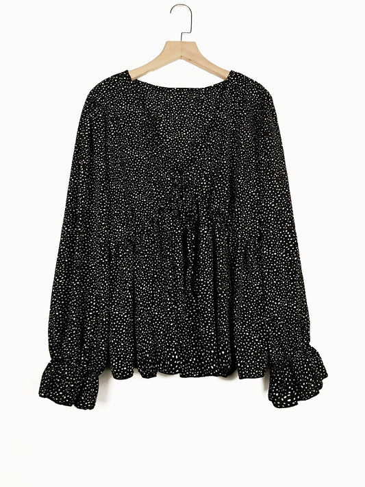  Polka Dot V Neck Peplum Blouse