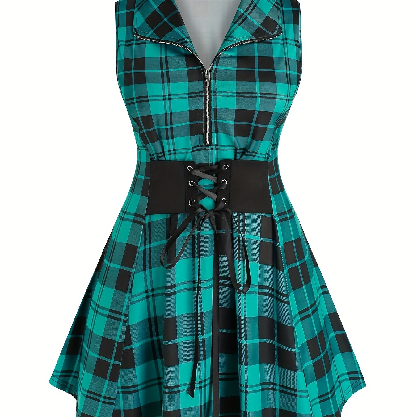  Punk Tank Top Plaid Print Zipper Lace Up Stretch Peplum Tank