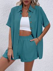 Casual Solid Two piece Set Button Front Blouse & Elastic Shorts Outfits