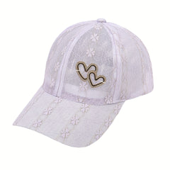 Lace Floral Embroidered Baseball Cap Heart Label Mesh Overlay Breathable Sun Hat