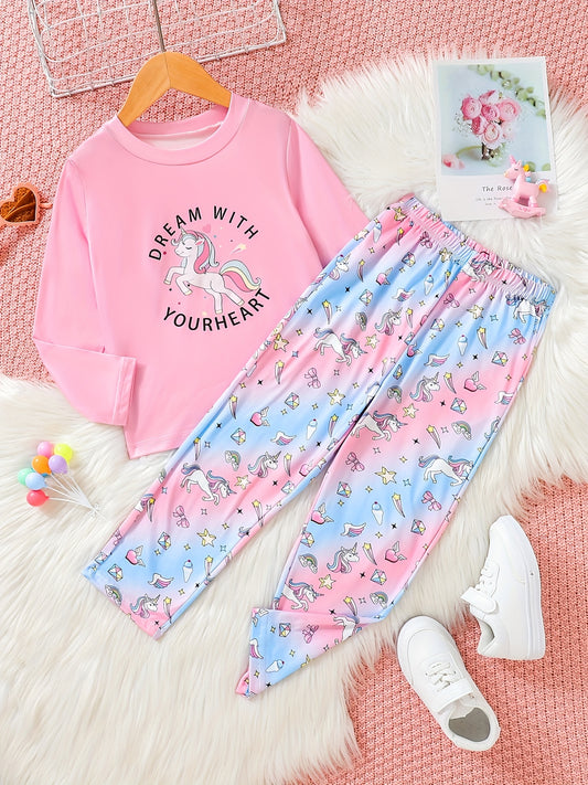 Unicorn Pattern Outfit 2pcs Top & Pants Set for Girls