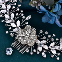 Bride Rhinestone Leaf Headwear Silvery Alloy Flower Hair Comb Wedding Party