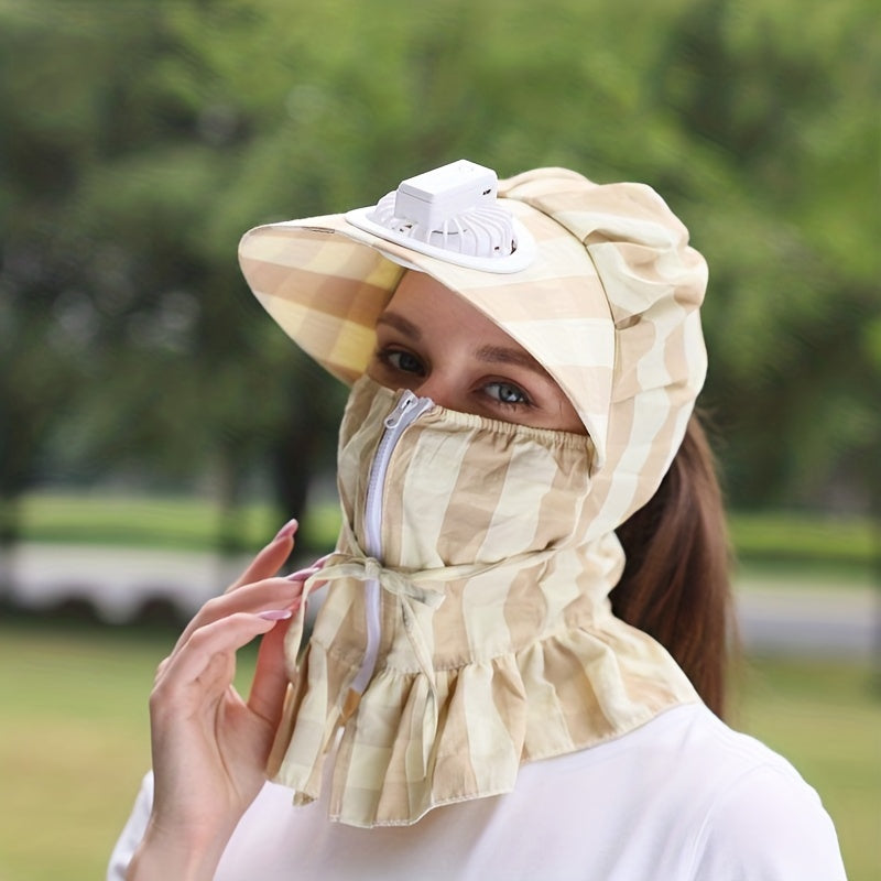 Plaid Print Fan Sun Hat with Neck Gaiter and Face Covering