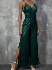 Sparkly Wide Leg Jumpsuit Sexy Backless Split Straps