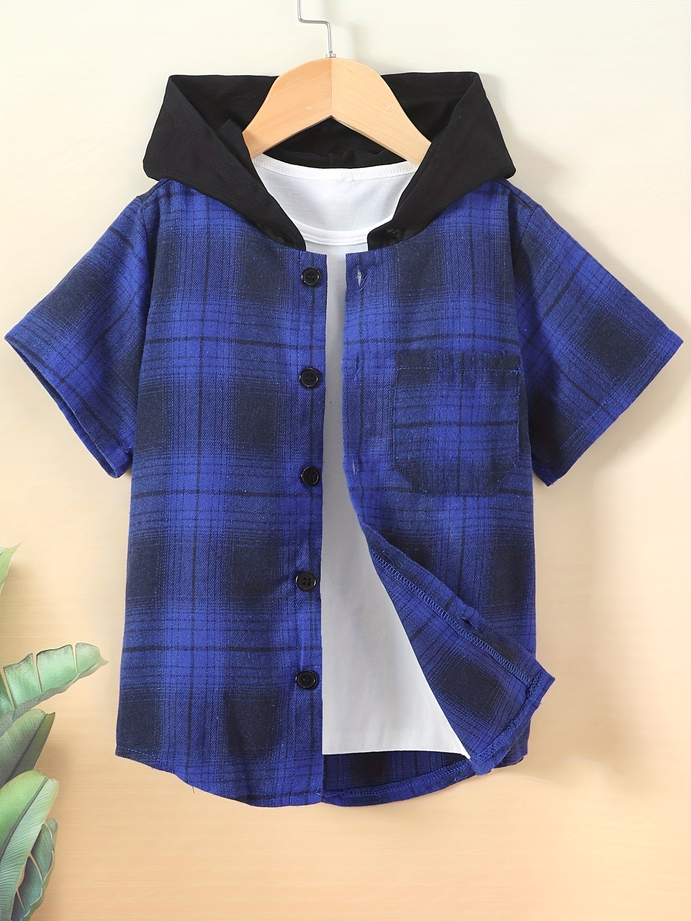 Toddler Boys Plaid Hoodie Shirt Short Sleeve Button Down Shirt