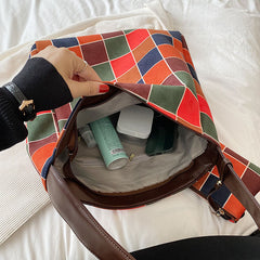 Japanese Style Plaid Tote Bag with Small Pouch