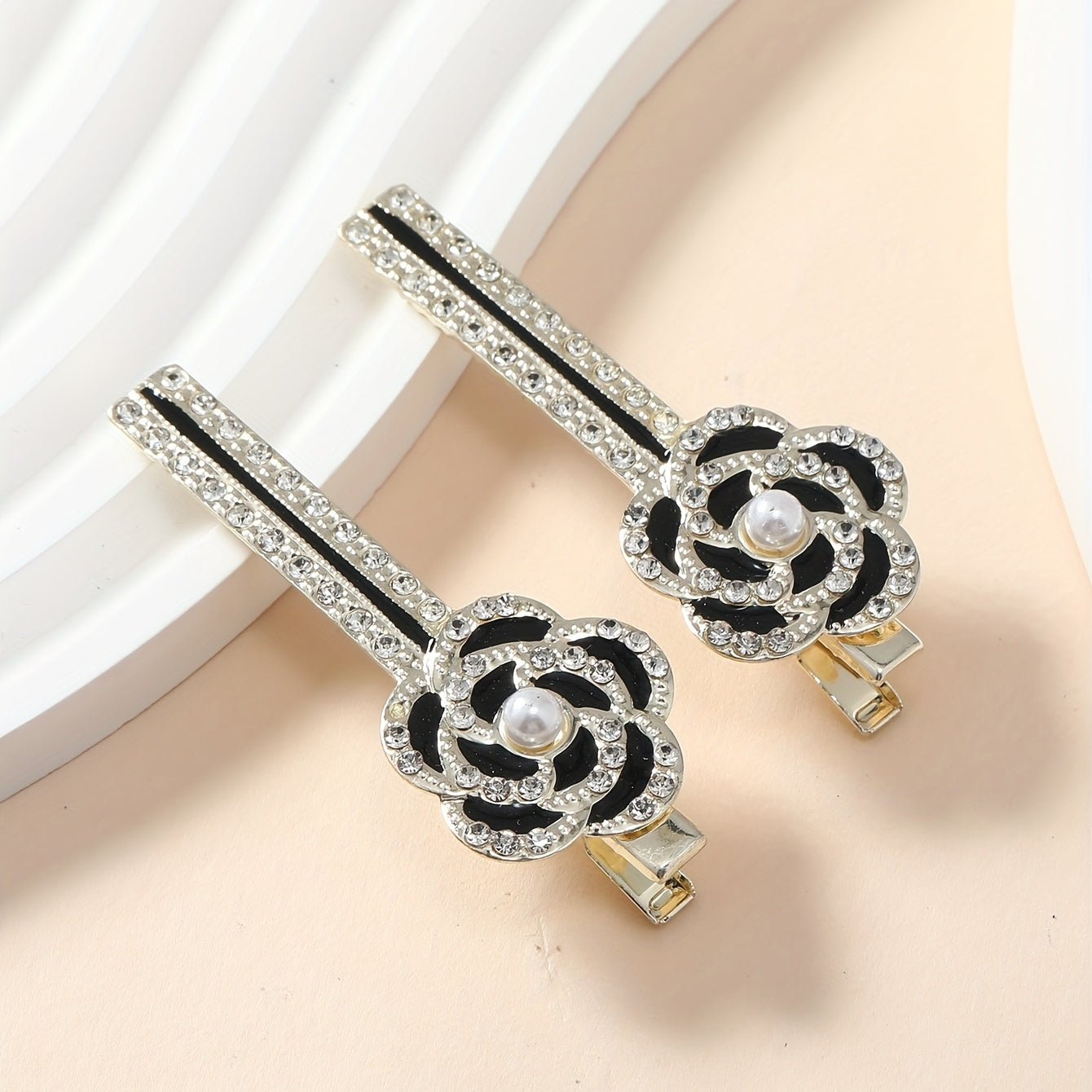 2pcs Camellia Flower Rhinestone Hair Clips Barrette Hair Accessory
